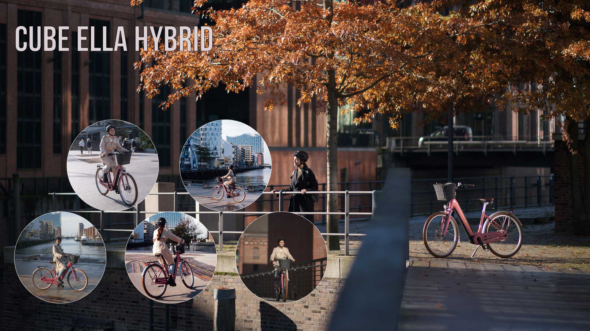 Her ses en billedcollage med titlen »Cube Ella Hybrid«, hvor der er flere billeder taget i bymiljøet.