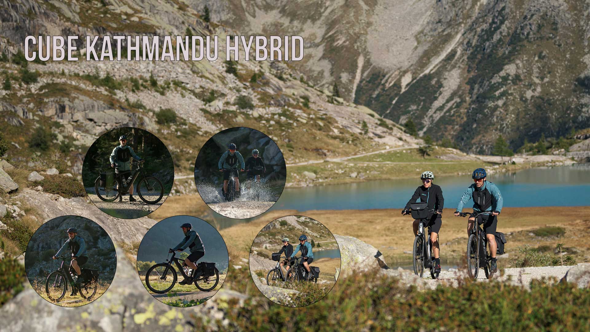 Her ses en billedcollage med titlen »Cube Kathmandu Hybrid«, hvor der er flere billeder af cyklister på en Cube Kathmandu Hybrid i et bjergrigt landskab.
