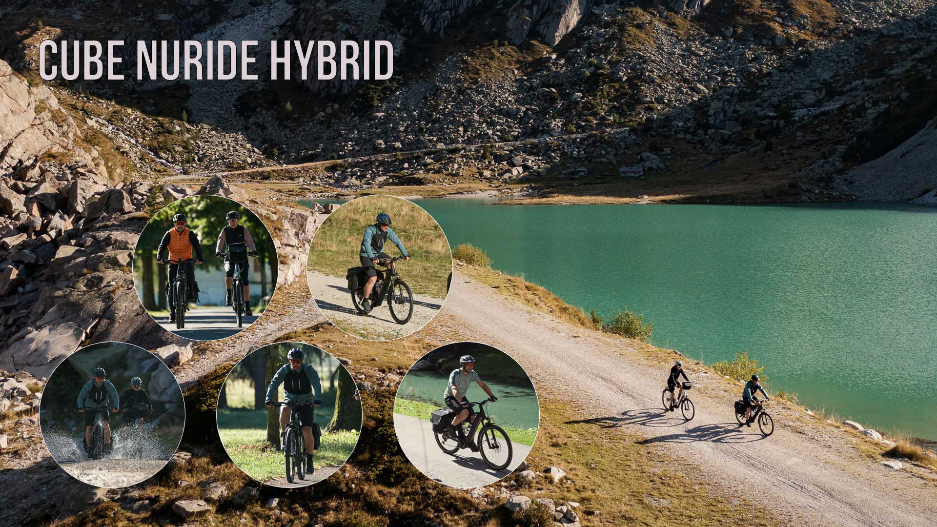 Her ses en billedcollage med titlen »Cube Nuride Hybrid«, hvor der er flere billeder af cyklister på en Cube Nuride Hybrid i forskellige omgivelser.