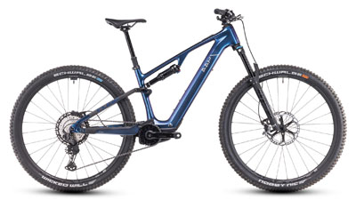 Her ses en mørkeblå Cube AMS Hybrid-elcykel.