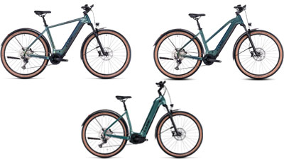 Her ses tre grønne Cube Nuride Hybrid-elcykler, henholdsvis med en diamantramme, en trapezramme og en lavstigningsramme.
