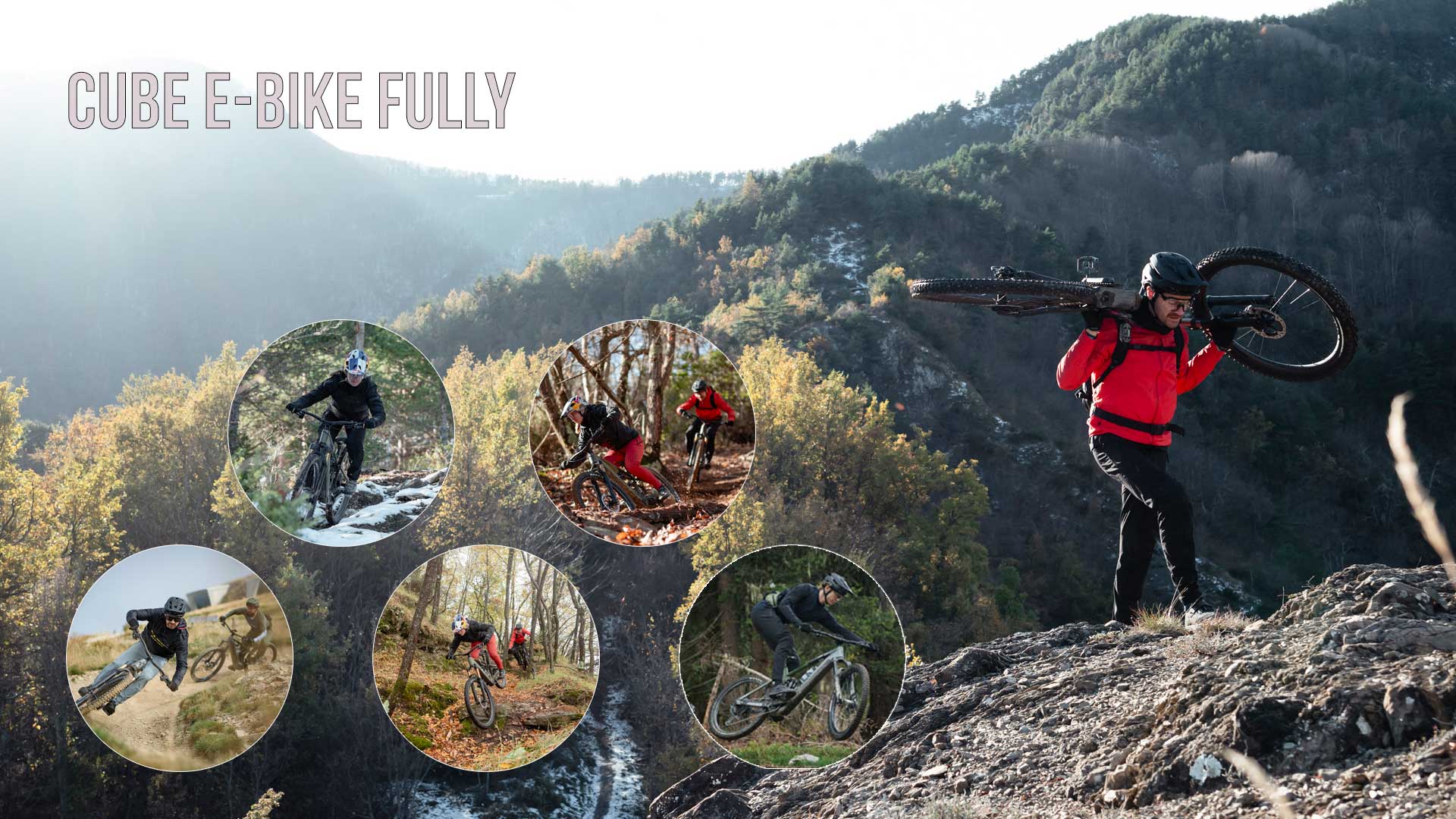 Her ses en billedcollage med titlen »Cube E-Bike Fully«. Her ses Fully-ryttere, der kører ned ad imponerende skråninger.