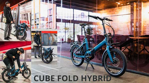 Her ses en lille billedcollage med titlen „Cube Fold Hybrid“. Her vises den blå Cube-foldecykel i forskellige hverdagssituationer.