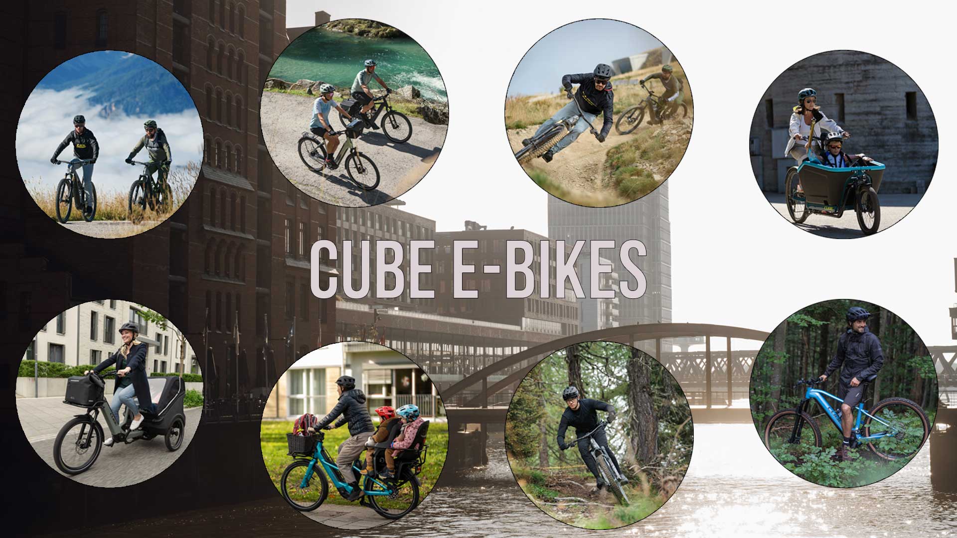 Her ses en billedcollage med titlen »Cube E-Bikes«. Den viser e-cykelryttere i forskellige situationer.