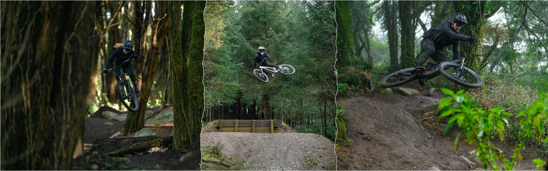 Banner med flimrende overgange. Til venstre springer en kvinde i skoven på en Cube Stereo Fully-mountainbike. I midten ses en cyklist med fuldhjelm, der tager et højt spring. Til højre ses endnu et spring på en Cube Stereo Fully-mountainbike.