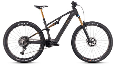 Her ses en sort Cube AMS Hybrid-cykel med gyldne støddæmpere.