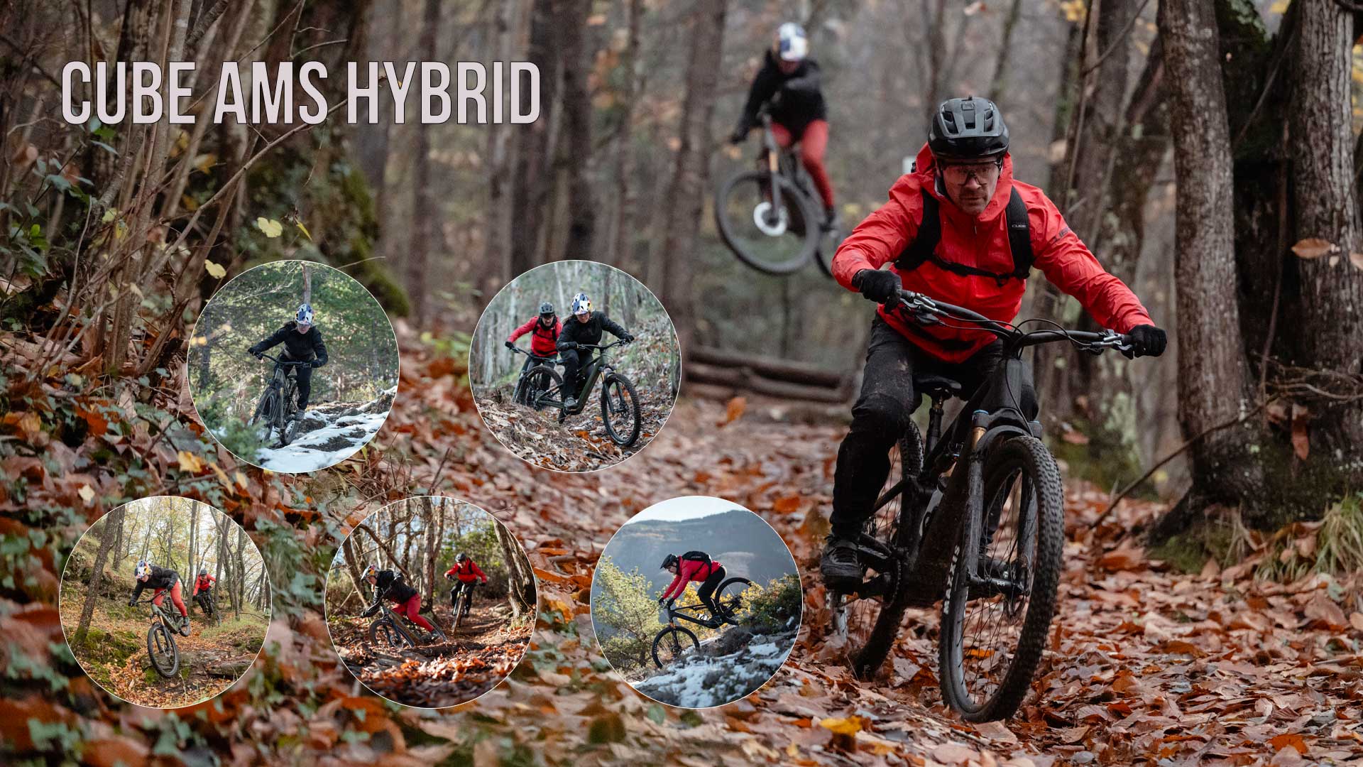 Her ses en billedcollage med titlen »Cube AMS Hybrid«. På billedet ses flere cyklister, der er ude at cykle i skoven.